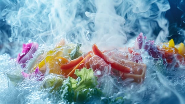 A close up of a bunch of vegetables in water with steam