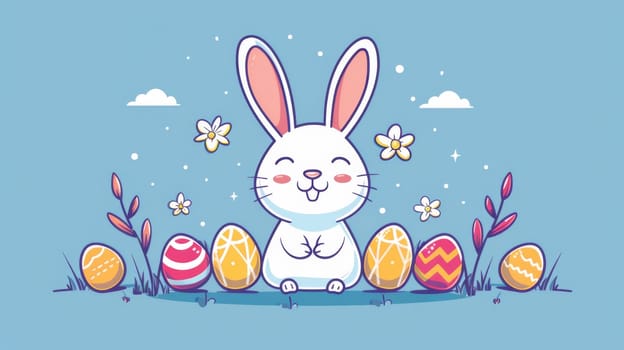 A cartoon bunny sitting on a blue background with easter eggs