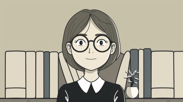 A cartoon of a woman with glasses and black hair is in front of bookshelves