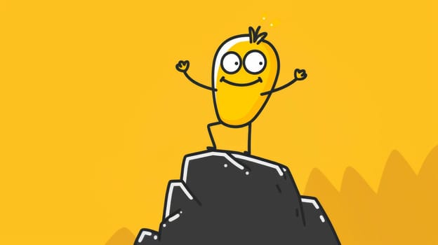 A cartoon character standing on top of a mountain with arms raised