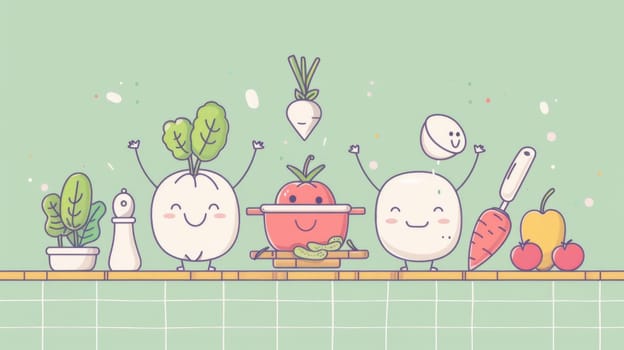 A group of vegetables and fruits are smiling with their hands