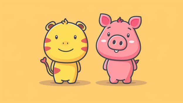 Two cartoon animals standing next to each other on a yellow background