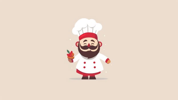 A cartoon chef holding a pepper in his hand