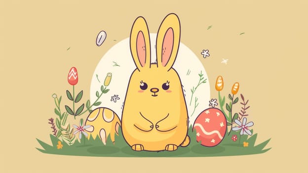 A cartoon bunny sitting in a field with some colorful eggs