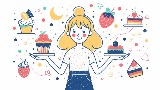 A cartoon girl holding a tray with cakes and pastries