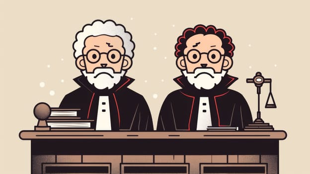 Two cartoon characters of two lawyers sitting at a desk