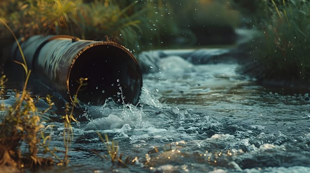 A pipe protrudes from a flowing watercourse in a natural landscape, surrounded by grass and frequented by terrestrial animals. The scene is a mix of fluvial landforms and a working vehicle