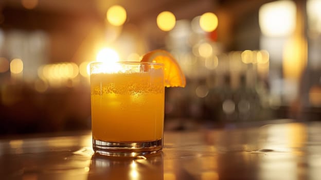 A close up of a glass with an orange slice in it