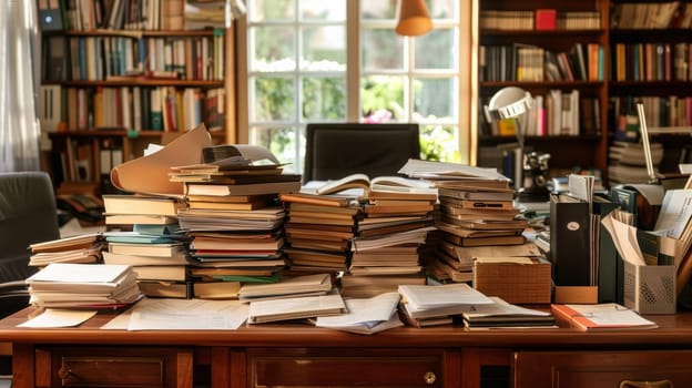 A pile of books on a desk in front of an open window
