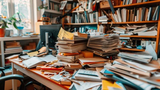 A pile of books and papers on a desk in front of a window