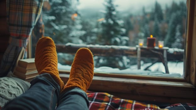 A person with feet on a bed looking out the window