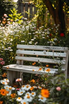 A white bench in a garden surrounded by flowers and trees