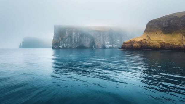 A boat is traveling through the water near a cliff