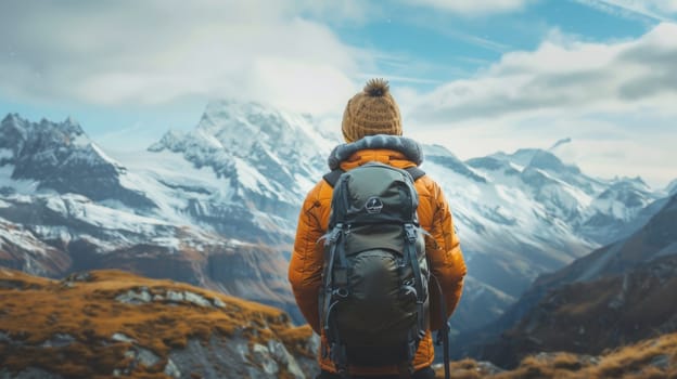 A person with a backpack standing in front of mountains