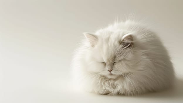 A fluffy white cat with its eyes closed on a gray background