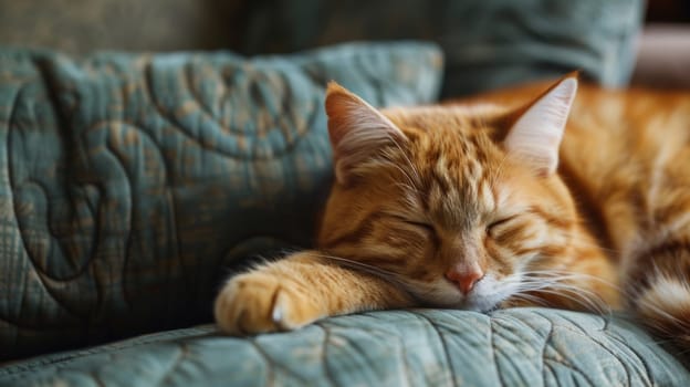 A cat sleeping on a couch with its eyes closed