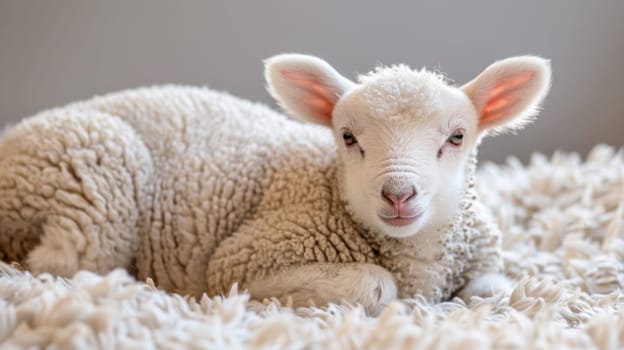 A baby lamb laying on a white rug with its eyes closed