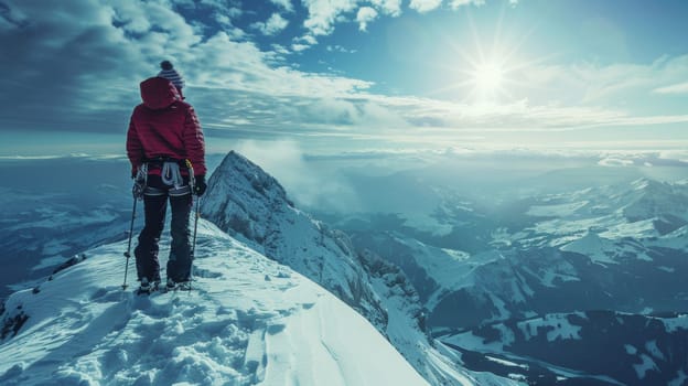 A person standing on top of a snowy mountain looking down