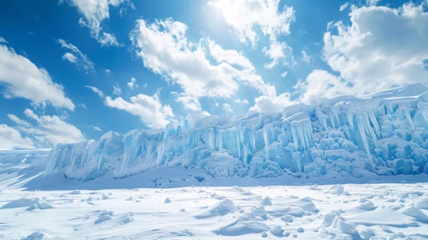 A large snow covered mountain with a blue sky in the background