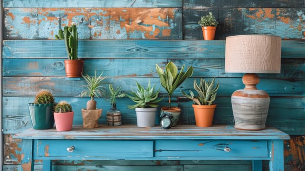 A blue table with a lamp and potted plants on it