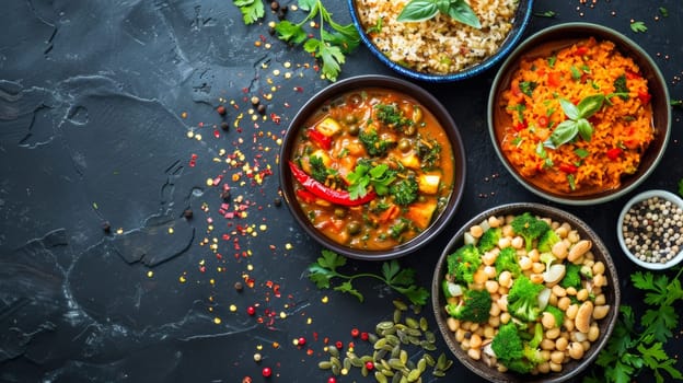 A group of bowls filled with different types of food on a table