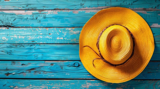 A yellow hat on a blue painted wall with wooden boards