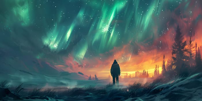 A man gazes at the mesmerizing Aurora Borealis dancing in the night sky, creating a stunning natural landscape against the horizon