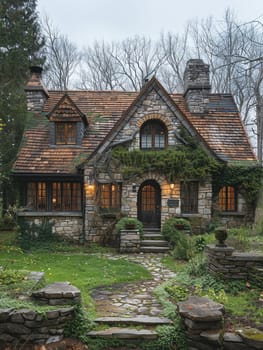 A quaint stone cottage in a lush garden, offering a storybook setting.