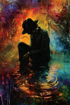 A painting of a man wearing a hat sitting in a puddle of water, showcasing a blend of visual arts and CG artwork with a touch of darkness and mystery
