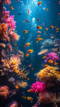 Underwater coral reef with colorful fish, perfect for marine and environmental backgrounds.