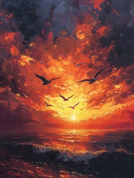 Silhouettes of birds flying across a painted sky at dawn, symbolizing new beginnings.