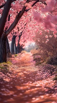 A path lined with cherry blossoms in full bloom, representing renewal and beauty.