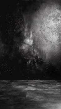 A skateboarder is standing on a concrete floor in front of an abstract wall