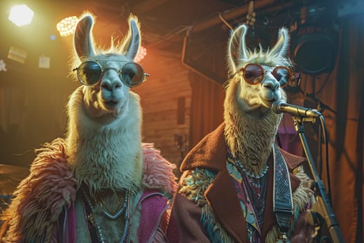 Two hippie llamas perform on stage with a microphone. The concept of humor, concert show.
