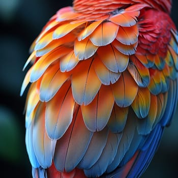 Close-up of a colorful parrot's feathers, great for vibrant and exotic projects.