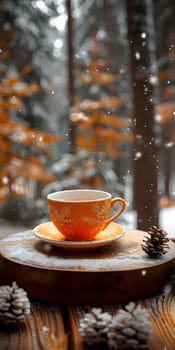 A coffee cup is placed on a saucer on a wooden table, forming a simple and elegant display of tableware and drinkware