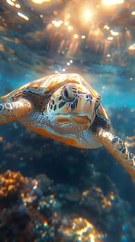 Underwater view of a swimming turtle, capturing marine life and tranquility.