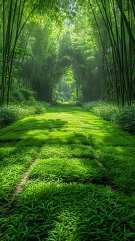 Sunlight casting shadows through a bamboo forest, representing tranquility and natural patterns.