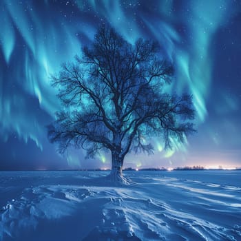 Lone tree in a snowy field under northern lights, ideal for solitude and majestic winter scenes.