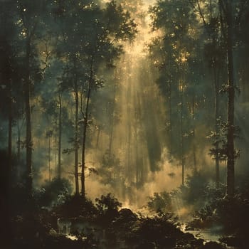 Sunlight filtering through dense forest trees, capturing a mystical and ethereal mood.