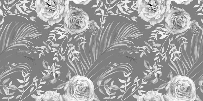 Black and white monochrome pattern with roses and branches for textile