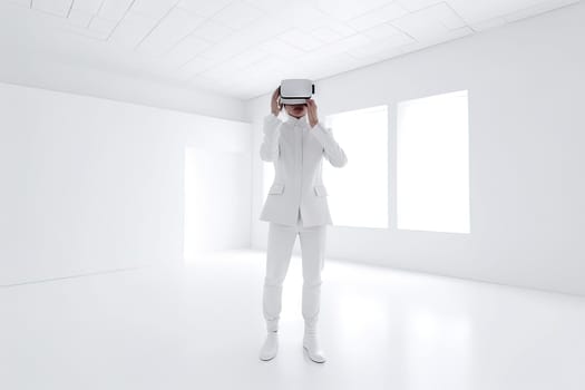 VR goggles technology concept with a person wearing virtual reality glasses device in white room. Generated AI