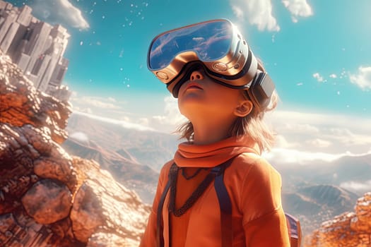 VR goggles technology concept with wearable glasses device. Virtual reality futuristic immersive experience. Generated AI