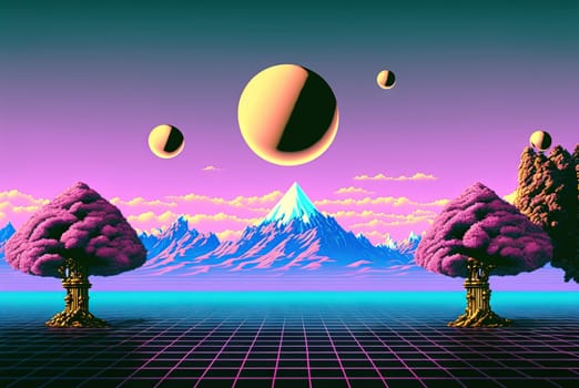 Abstract vaporwave scene with golden ball on the landscape with mountains. 80s styled pink and blue surreal composition. Generated AI