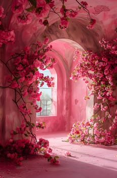 A room adorned with branches of pink blossoms, casting shades of magenta. The beauty of the flowers fills the space with artistic charm