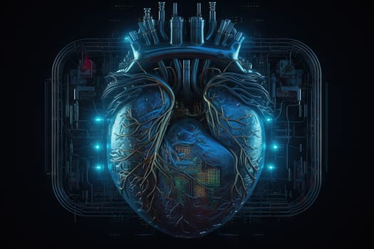 Technological heart concept for healthcare or digital motor idea. Generated AI