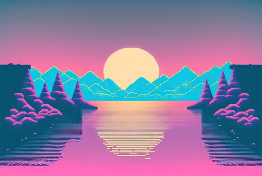Calm and relaxing landscape with mountains in vaporwave style. Pink and blue view in 90s style. Generated AI