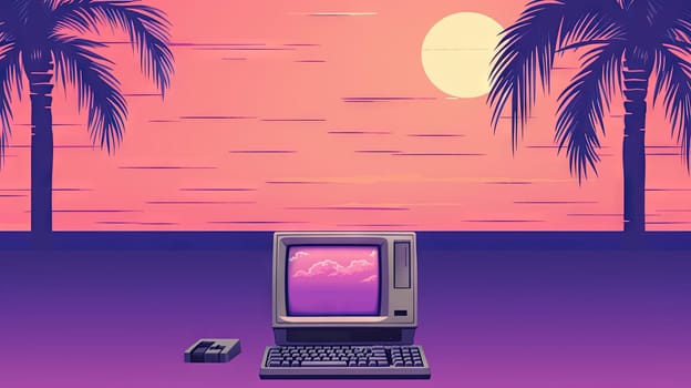 Vaporwave styled scene with computer and palms in purple color.Generated AI