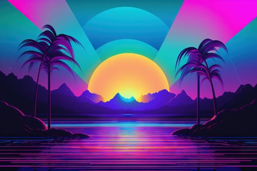Palm trees and rainbow 80s landscape in vaporwave style. Retrowave vacation background with tropical sunset and palms. Generated AI