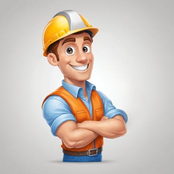 A digital render of a construction worker character, equipped with a leather tool belt and safety boots, gesturing confidently.
